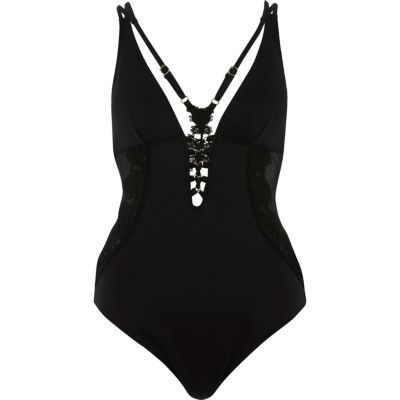 Black lace front plunge swimsuit